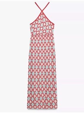 Zara Crochet Knit Halter Maxi Dress Blue and Red